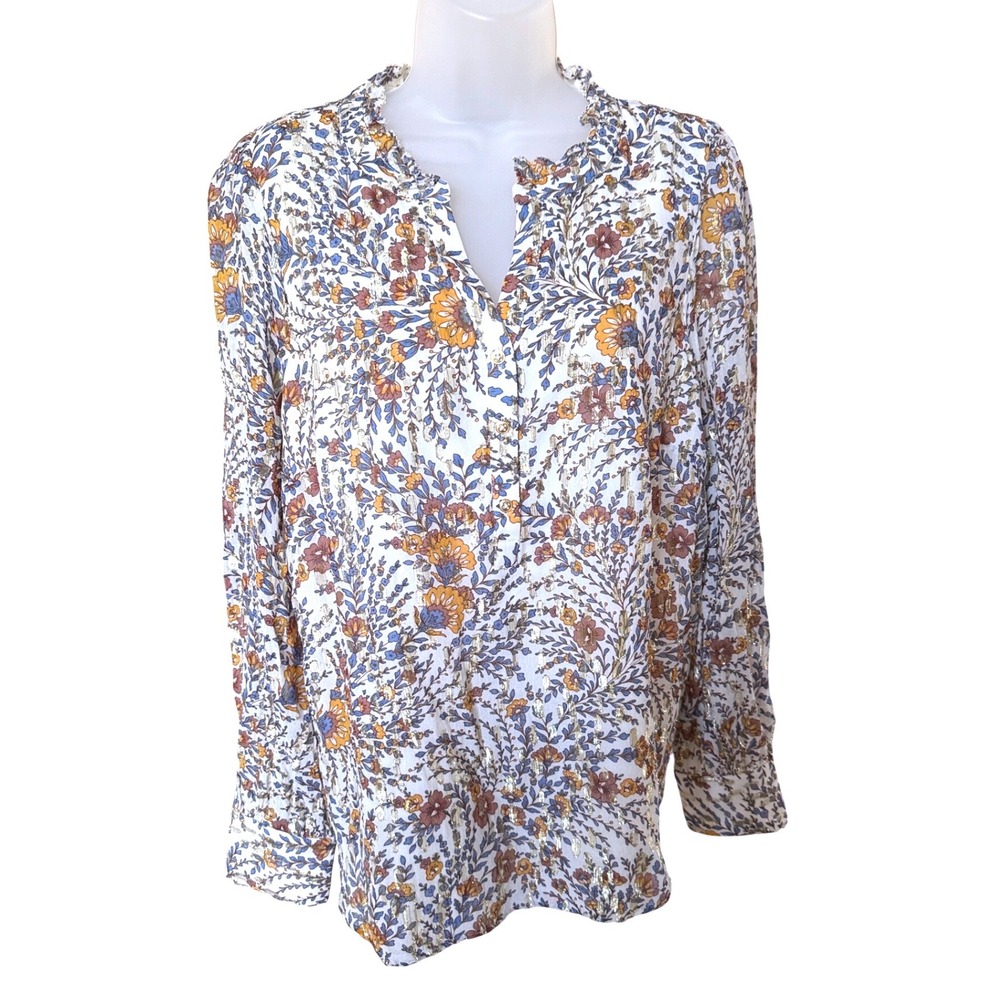 Talbots Floral Blouse Womens Medium White Gold Lurex Ruffle V-Neck Boho Shimmer